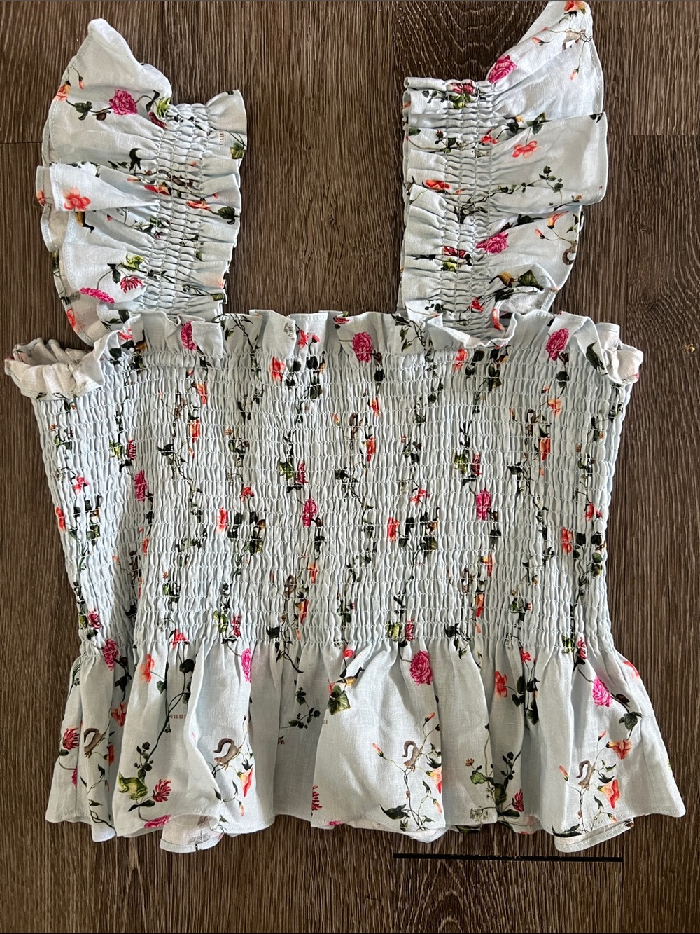 Hill House La Paz Light Blue Floral Ruffle Smocked Tank Size Large